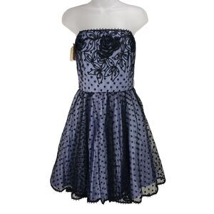 Vtg AJ‎ Bari Strapless Pinup Dress 12 =6 Black Lace Overlay Purple USA Deadstock
